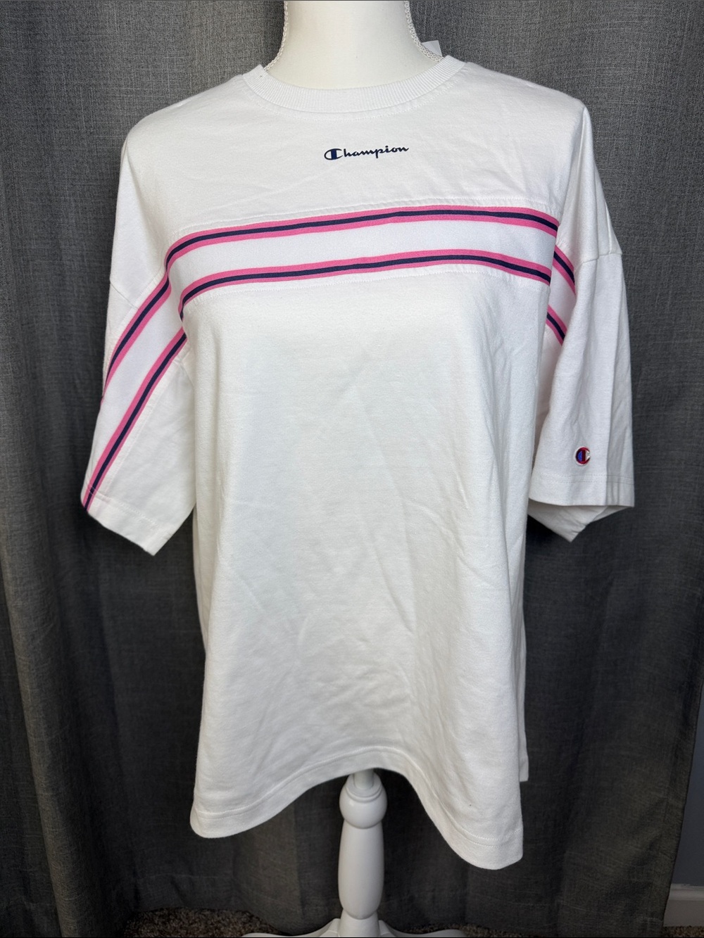 Champion White Tee with Pink and Navy Stripes